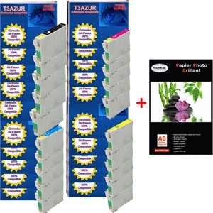  Lot de 10 cartouches compatibles Epson T1291 / T1292 / T1293 / T1294 + Pack de 20 papiers photos A6 Brillant 230gr