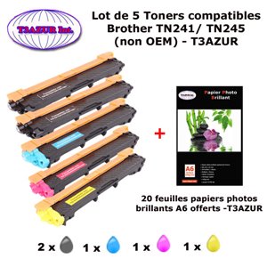 T3AZUR- PACK 5 Toners pour Brother TN 241 BK , TN 245 C,Y,M Brother DCP-9020CDW HL-3140CW MFC-9330CDW MFC-9340CDW+20f A6 brillan