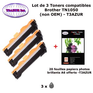 Lot de 3 Toners compatibles Brother DCP-1510, DCP-1512, TN1050 - 1 000 pages – T3AZUR Noir