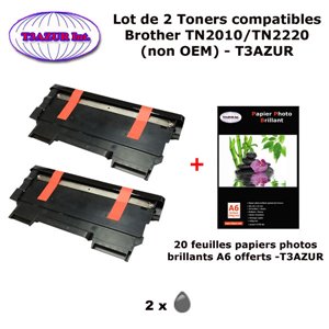 T3AZUR - 2 Toners génériques TN-2220  pour Brother Brother HL 2240 2240D 2250DN 2270DW MFC 7360N 7460DN 7860DW+20f A6 brillantes
