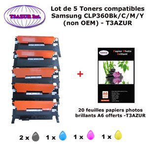 5 Toners génériques CLP-360 Bk,C,M,Y pour Samsung CLX 3300 3302 3303FW 3304 3305FN 3307FW  imprimante+ 20f A6 brillantes -T3AZUR 5 Toners génériques CLP-360 Bk,C,M,Y pour Samsung CLX 3300 3302 3303FW 3304 3305FN 3307FW  imprimante+ 20f A6 brillantes -T3AZUR
