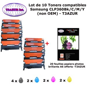 10 Toners génériques CLP-360 Bk,C,M,Y pour Samsung CLX 3300 3302 3303FW 3304 3305FN 3307FW imprimante+ 20f A6 brillantes -T3AZUR