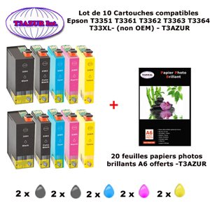 10 Pack Compatible EPSON T33XL T3351 T3361 T3362 T3363 T3364 T3357 + 20f A6 brillante s- T3AZUR