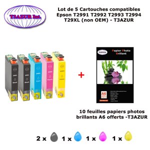 5 Pack cartouche d'encre compatible EPSON T2991 ,T2992 ,T2993 ,T2994 ,T29XL+ 10f A6 brillantes - T3AZUR
