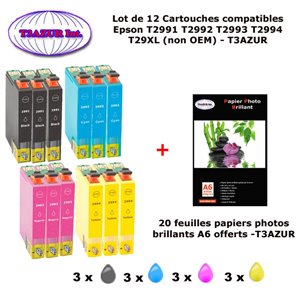 12 Pack cartouche d'encre compatible EPSON T2991 ,T2992 ,T2993 ,T2994 ,T29XL+ 20f A6 brillantes - T3AZUR 12 Pack cartouche d'encre compatible EPSON T2991 ,T2992 ,T2993 ,T2994 ,T29XL+ 20f A6 brillantes - T3AZUR