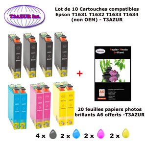 T16XL- 10 cartouches compatibles Epson T1631, T1632, T1633, T1634 pour WF 2010 2510 2520 2530 2540 2630WF 2650DWF+20f A6 brillan
