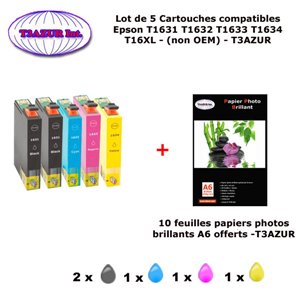 T16XL- 5 cartouches compatibles Epson T1631 T1632 T1633 T1634 pour Epson WorkForce WF2660 2660DWF 2750DWF 2760DWF+10f A6 brillan