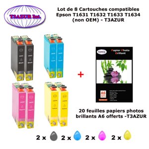 T16XL- 8 cartouches compatibles Epson T1631 T1632 T1633 T1634 pour Epson WF2660 2660DWF 2750DWF 2760DWF+20f A6 brillantes