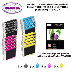 T18XL - 20 cartouches compatibles Epson T1811 T1812 T1813 T1814 pour XP 102, 202, 205, 212, 215, 225, 30, 302, 305+20f A6 brilla