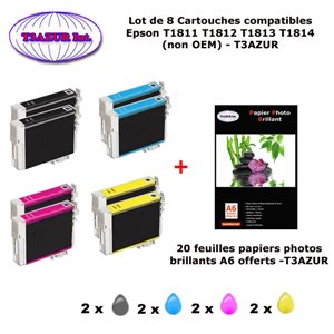 T18XL- 8 cartouches compatibles Epson T1811 T1812 T1813 T1814 pour Epson XP 405 405WH 412 415 422 425 -20f A6 brillantes-T3AZUR
