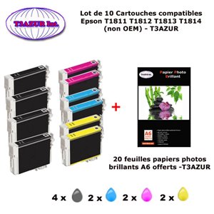 T18XL- 10 cartouches compatibles Epson T1811 T1812 T1813 T1814 pour Epson XP 405 405WH 412 415 422 425 -20f A6 brillantes-T3AZUR