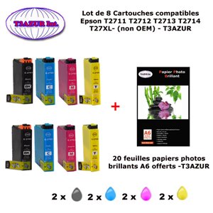 T27XL- 8 cartouches compatibles Epson T2711 T2712 T2713 T2714 pour Epson WF 7610DWF 7620DTWF 7710DWF -20f A6 brillantes -T3AZUR
