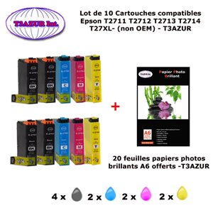 T27XL- 10 cartouches compatibles Epson T2711 T2712 T2713 T2714 pour Epson WF 7610DWF 7620DTWF 7710DWF -20f A6 brillantes -T3AZUR