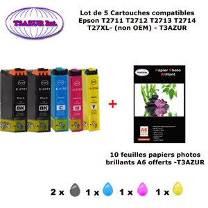 T27XL- 5 cartouches compatibles Epson T2711 T2712 T2713 T2714 pour Epson WF 7715DWF 7720DTWF -10f A6 brillantes -T3AZUR T27XL- 5 cartouches compatibles Epson T2711 T2712 T2713 T2714 pour Epson WF 7715DWF 7720DTWF -10f A6 brillantes -T3AZUR
