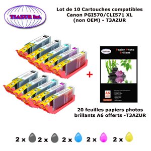 10 cartouches compatibles Canon PGI570 CLI571 XL pour Canon Pixma MG5700 MG5750 MG5751 MG5752 MG5753 -20f A6 brillantes -T3AZUR