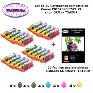 20 cartouches compatibles Canon PGI570 CLI571 XL pour Canon TS5050, TS5055, TS6050, TS6051, TS6052 -20f A6 brillantes -T3AZUR