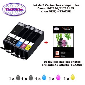 5 cartouches compatibles Canon PGI550 CLI551 XL pour IP7200 IP7250 IX6850 MG5450 MG5450S MG5500-10f A6 brillantes -T3AZUR 5 cartouches compatibles Canon PGI550 CLI551 XL pour IP7200 IP7250 IX6850 MG5450 MG5450S MG5500-10f A6 brillantes -T3AZUR