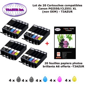 20 cartouches compatibles Canon PGI550 CLI551 XL pour IP7200 IP7250 IX6850 MG5450 MG5450S MG5500-20f A6 brillantes -T3AZUR