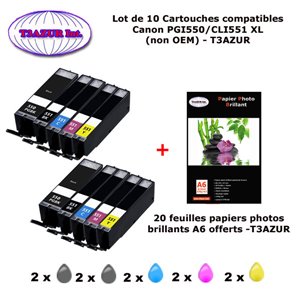 10 cartouches compatibles Canon PGI550 CLI551 XL pour MG5550 MG5600 MG5650 MG5655 MG6400-20f A6 brillantes -T3AZUR