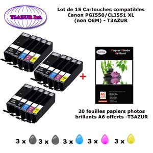 15 cartouches compatibles Canon PGI550 CLI551 XL pour MG6450 MG6600 MG6650 MX725 MX925-20f A6 brillantes -T3AZUR