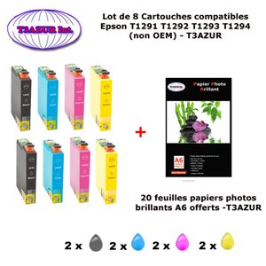 8 cartouches compatibles Epson T1291 T1292 T1293 T1294 pour Epson Stylus BX525WD 535WD 625FW 630FW -20f A6 brillantes -T3AZUR