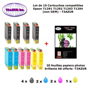10 cartouches compatibles Epson T1291 T1292 T1293 T1294 pour Epson Stylus BX525WD 535WD 625FW 630FW -20f A6 brillantes -T3AZUR 10 cartouches compatibles Epson T1291 T1292 T1293 T1294 pour Epson Stylus BX525WD 535WD 625FW 630FW -20f A6 brillantes -T3AZUR