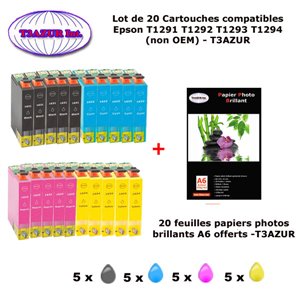 20 cartouches compatibles Epson T1291 T1292 T1293 T1294 pour Epson Stylus SX 438W 440W 445W 525WD 535WD-20f A6 brillante-T3AZUR 20 cartouches compatibles Epson T1291 T1292 T1293 T1294 pour Epson Stylus SX 438W 440W 445W 525WD 535WD-20f A6 brillante-T3AZUR