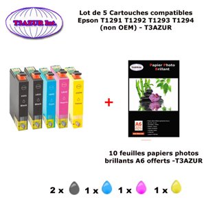 5 cartouches compatibles Epson T1291 T1292 T1293 T1294 pour Epson WF 3010DW 3520DWF 3530DTWF 3540DTWF -10f A6 brillante-T3AZUR