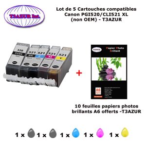 5 cartouches compatibles Canon PGI520 CLI521 XL pour Canon Pixma IP3600 IP4600 IP4600X IP4700 -10f A6 brillantes -T3AZUR