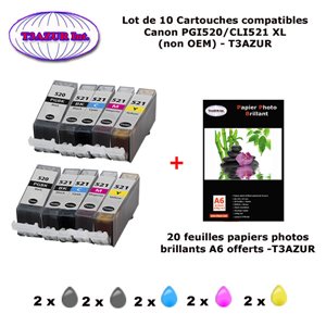 10 cartouches compatibles Canon PGI520 CLI521 XL pour Canon Pixma IP3600 IP4600 IP4600X IP4700 -20f A6 brillantes -T3AZUR