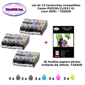 15 cartouches compatibles Canon PGI520 CLI521 XL pour Canon Pixma MP540 MP550 MP560 MP620 MP620B -10f A6 brillantes -T3AZUR