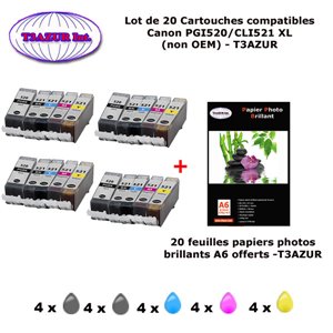 20 cartouches compatibles Canon PGI520 CLI521 XL pour Canon Pixma MP540 MP550 MP560 MP620 MP620B -10f A6 brillantes -T3AZUR