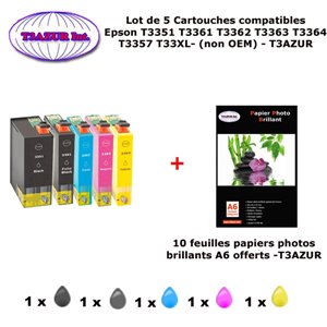 5 Pack compatible Epson T3351 T3361 T3362 T3363 T3364 pour Expression Premium XP 530 540 630 635 640 645 830 900  + 10f A6 brill