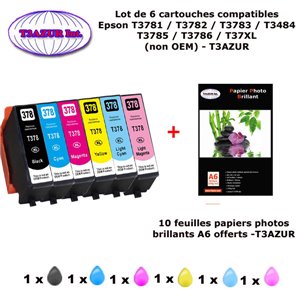 6 cartouches compatibles Epson T3781 T3782 T3783 T3484 T3785 T3786 T37XL pour XP 15000 8500 8505 -10f A6 brillantes -T3AZUR