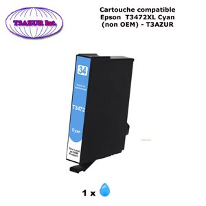 T34XL Cartouche compatible Epson T3472 T34 XL pour Epson WF3720DWF WF3725DWF Cyan- T3AZUR