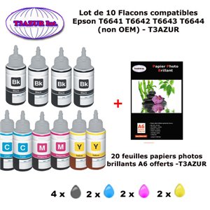 10 flacons compatibles Epson T6641 T6642 T6643 T6644 T66XL pour Epson Ecotank ET 14000 16500 2500 2550 -10f A6 brillantes-T3AZUR