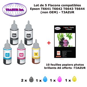 5 flacons compatibles Epson T6641 T6642 T6643 T6644 T66XL pour Epson Ecotank ET 4550 L100 L110 L120 -10f A6 brillantes - T3AZUR