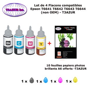 4 flacons compatibles Epson T6641 T6642 T6643 T6644 T66XL pour Epson ET L350 L355 L365 L550 L555 - 10f A6 brillantes - T3AZUR