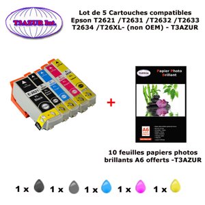 5 cartouches compatibles Epson T2621 T2631 T2632 T2633 T2634 T26XL pour Epson XP 510 520 600 605 610 -10f A6 brillantes -T3AZUR