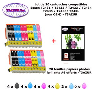 20 cartouches compatibles Epson T2431 T2432 T2433 T2434 T2435 T2436 T24XL pour Epson XP 860 950 960 -20f A6 brillantes -T3AZUR