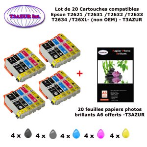 20 cartouches compatibles Epson T2621 T2631 T2632 T2633 T2634 T26XL pour Epson XP 615 620 625 700 710-20f A6 brillantes -T3AZUR
