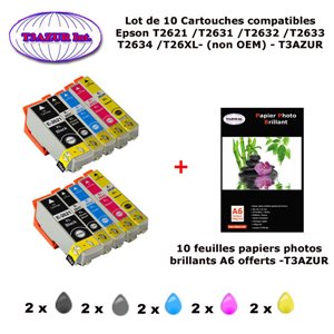 10 cartouches compatibles Epson T2621 T2631 T2632 T2633 T2634 T26XL pour Epson XP 720 800 810 820 -10f A6 brillantes -T3AZUR