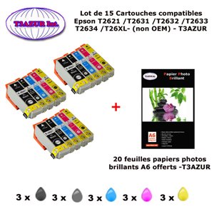 15 cartouches compatibles Epson T2621 T2631 T2632 T2633 T2634 T26XL pour Epson XP 720 800 810 820 -20f A6 brillantes -T3AZUR