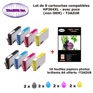 8 cartouches compatibles HP364XL pour HP Photosmart 5525 6510 6510 6520 6525 7510 7520 B010A eStation -10f A6 brillantes-T3AZUR