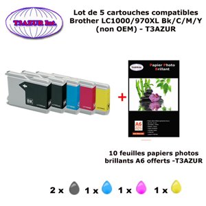 5 cartouches compatibles LC1000XL pour Brother DCP 353C 357C 535CN 540CN 560CN 680CN 750CW 770CW+10f A6 brillantes -T3AZUR