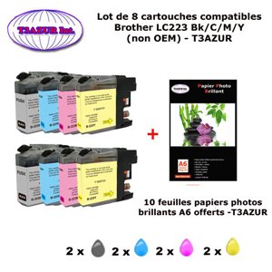 8 cartouches compatibles LC223XL pour Brother DCP J4120DW J562DW MFC J4420DW J4620DW J4625DW J480DW+10f A6 brillantes -T3AZUR
