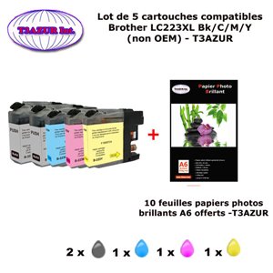 5 cartouches compatibles LC223XL pour Brother MFC J5320DW J5620DW J5625DW J5720DW J680DW J880DW +10f A6 brillantes -T3AZUR