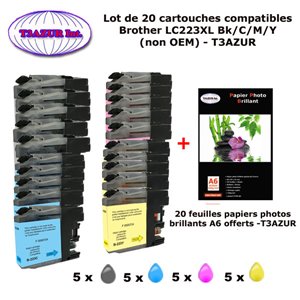 20 cartouches compatibles LC223XL pour Brother MFC J5320DW J5620DW J5625DW J5720DW J680DW J880DW +20f A6 brillantes -T3AZUR