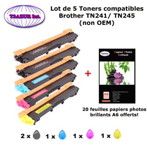 5 Toners compatibles TN241BK  TN245 C,M,Y pour Brother DCP 9015CDW 9020CDW HL 3140CW 3150CDW 3170CDW+ 20f A6 brillants - T3AZUR 