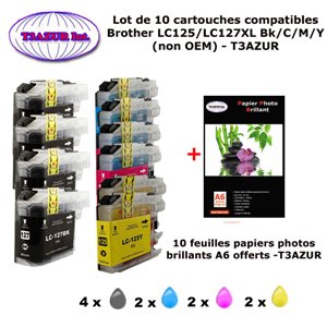 10 cartouches compatibles LC127 LC125 XL pour Brother DCP J4110DW MFC J4410DW J4510DW J4610DW J4710DW +10f PP A6 -T3AZUR 10 cartouches compatibles LC127 LC125 XL pour Brother DCP J4110DW MFC J4410DW J4510DW J4610DW J4710DW +10f PP A6 -T3AZUR
